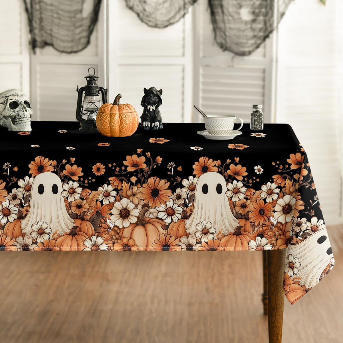 Horaldaily Halloween Tablecloth 60 x 84 Inch Rectangular Ghost Flower