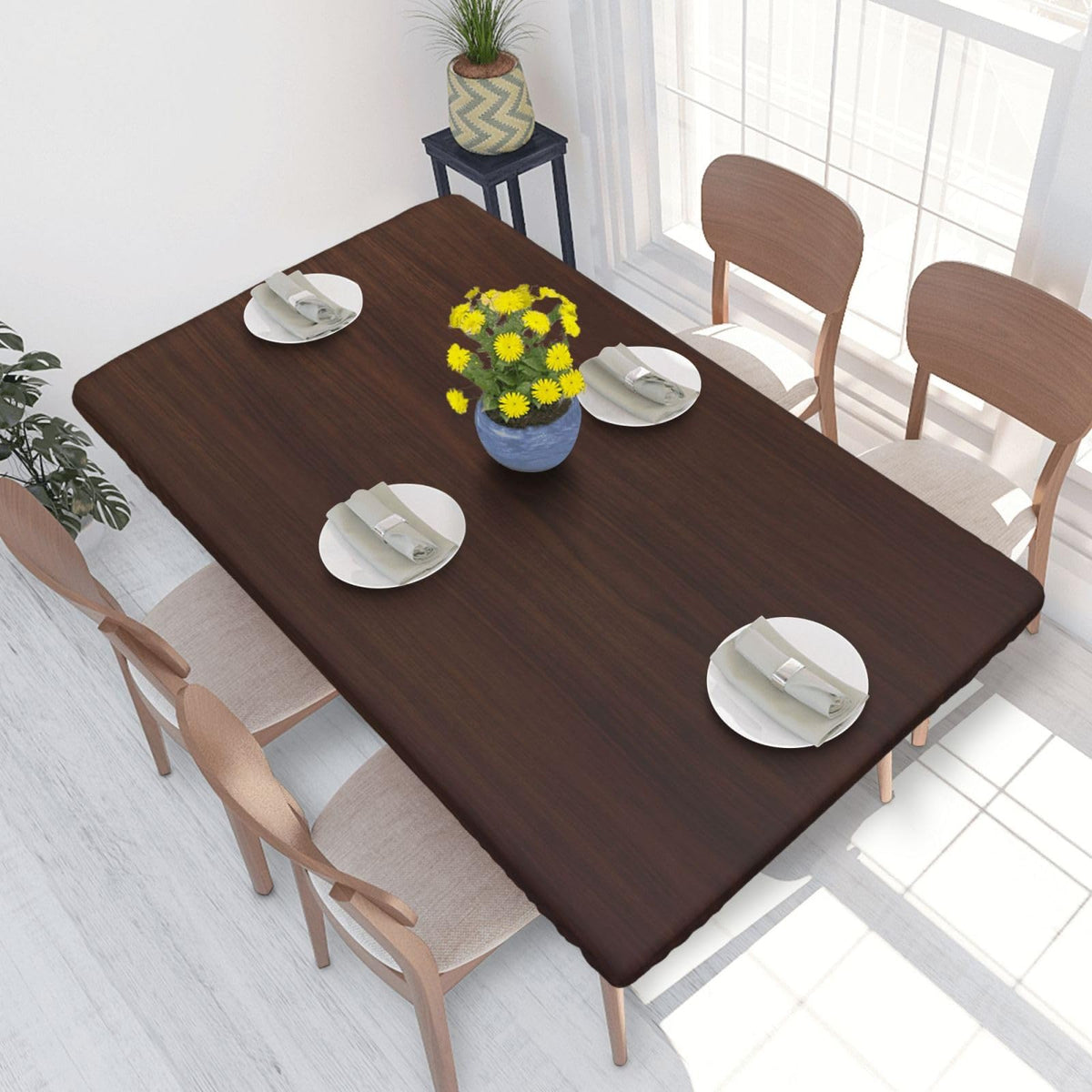 Tablecloth with Elastic Edge Black Brow Wood Grain Board Rectangle Waterproof Oil-Proof Table Cloth Washable Reusable Table Cover for Kitchen Dining, 5FT