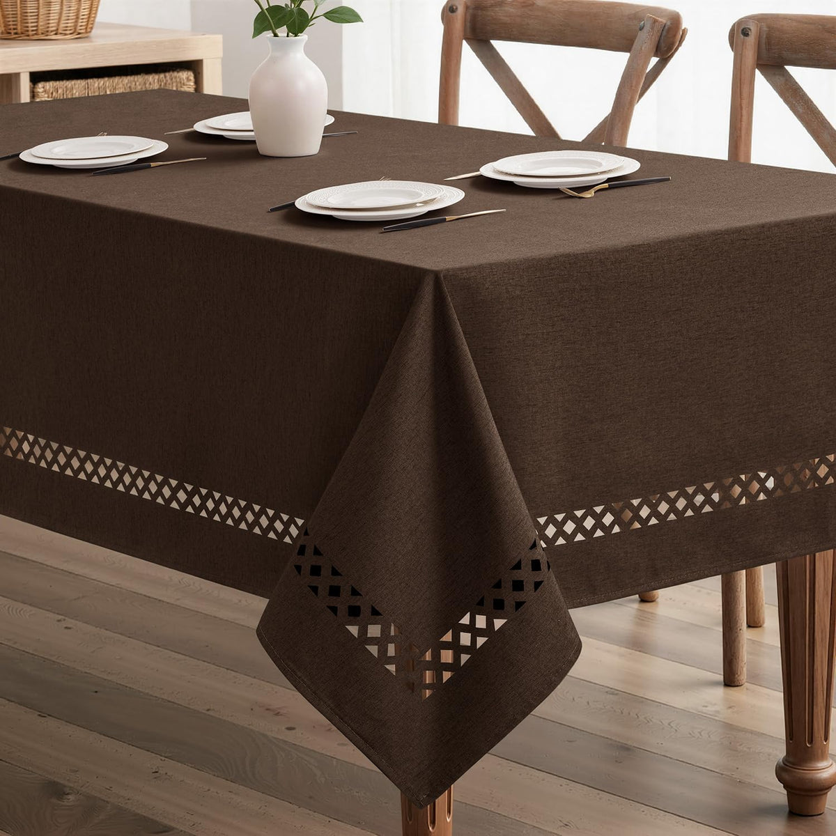 MIULEE Beige Rectangle Tablecloth with Decorative Cutouts 52x70 Inch