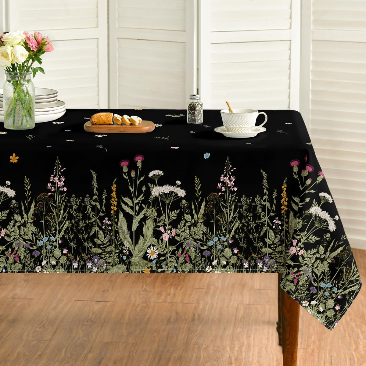 Horaldaily Spring Tablecloth 60 x 84 Inch Rectangular Black Wild Flower