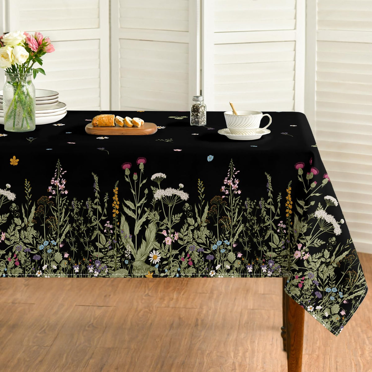 Horaldaily Spring Tablecloth 60 x 84 Inch Rectangular Black Wild Flower