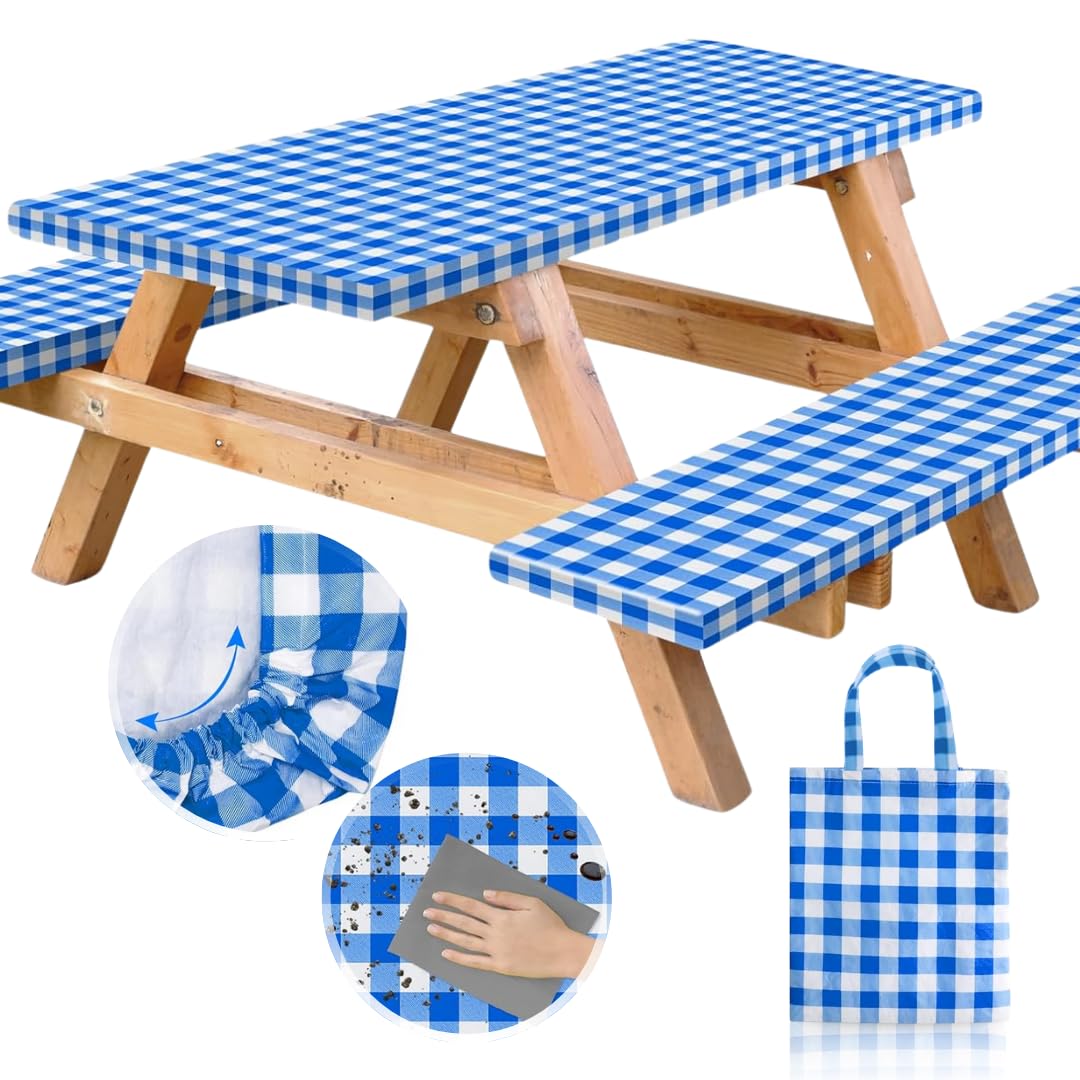 RNOONY Vinyl Fitted Picnic Table Cover with Bench Covers & Bag, 6 FT Outdoor Waterproof & Windproof Durable Tablecloth with Elastic Edges, Camping Essentials, RV Gear, 72x30 Inches - Black Checkered