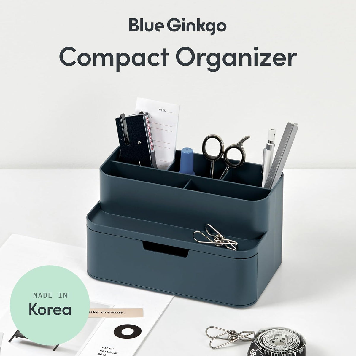 BLUE GINKGO Compact Desk Organizer, Blue, Made in Korea