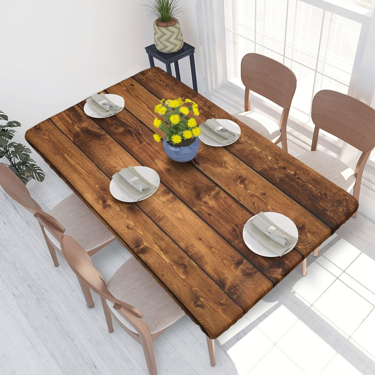 Tablecloth with Elastic Edge Black Brow Wood Grain Board Rectangle Waterproof Oil-Proof Table Cloth Washable Reusable Table Cover for Kitchen Dining, 5FT