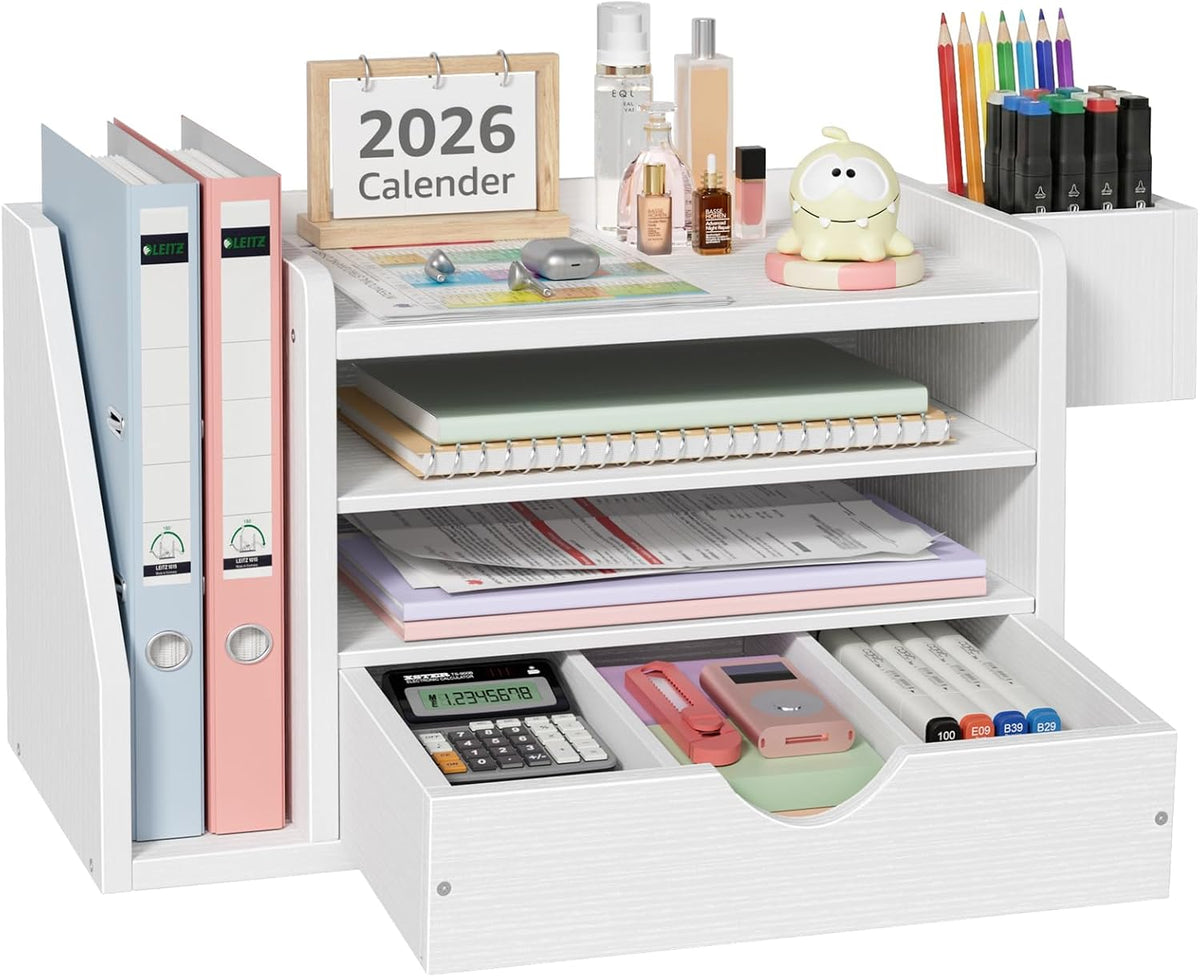 Wood Desk Organizers and Accessories with Drawer - White 3 Tier Paper Tray and Desktop Storage Caddy for Office Supplies, Slanted File Folder Holder and Pen Cup, Dorm Essentials for School