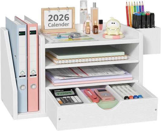 Wood Desk Organizers and Accessories with Drawer - White 3 Tier Paper Tray and Desktop Storage Caddy for Office Supplies, Slanted File Folder Holder and Pen Cup, Dorm Essentials for School