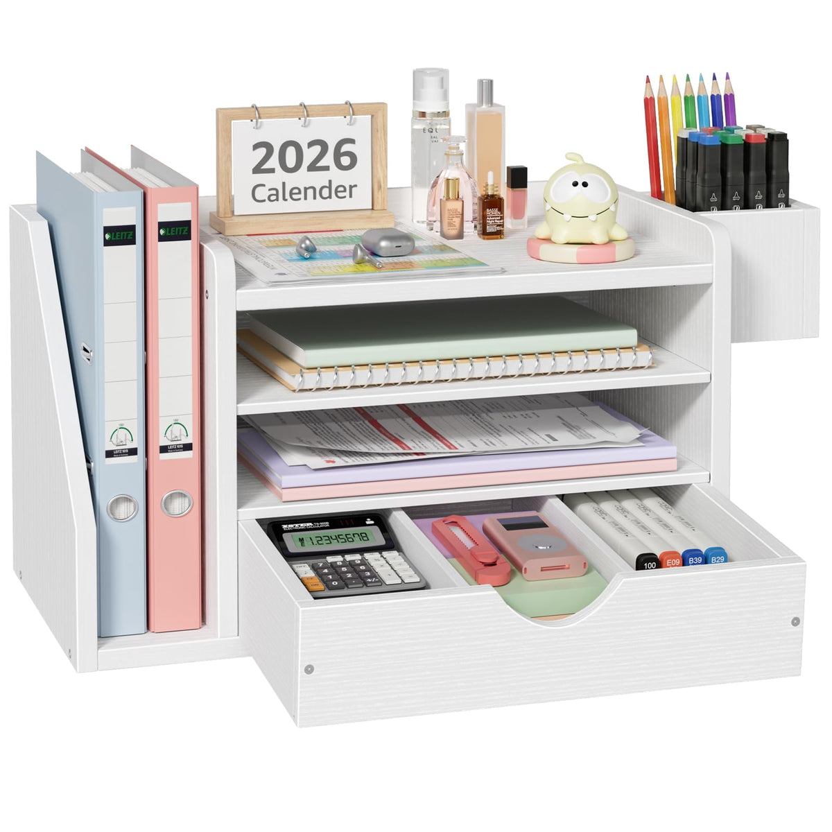 Wood Desk Organizers and Accessories with Drawer - White 3 Tier Paper Tray and Desktop Storage Caddy for Office Supplies, Slanted File Folder Holder and Pen Cup, Dorm Essentials for School