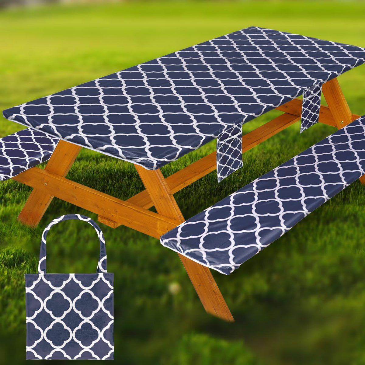Fitted Picnic Table Cover with Bench Covers Vinyl Waterproof Elastic Edges Fitted Rectangle Tables Patio Tablecloth Camping Gear and Essentials Rv Accessories Road Trip Supplies Car Travel Must Haves