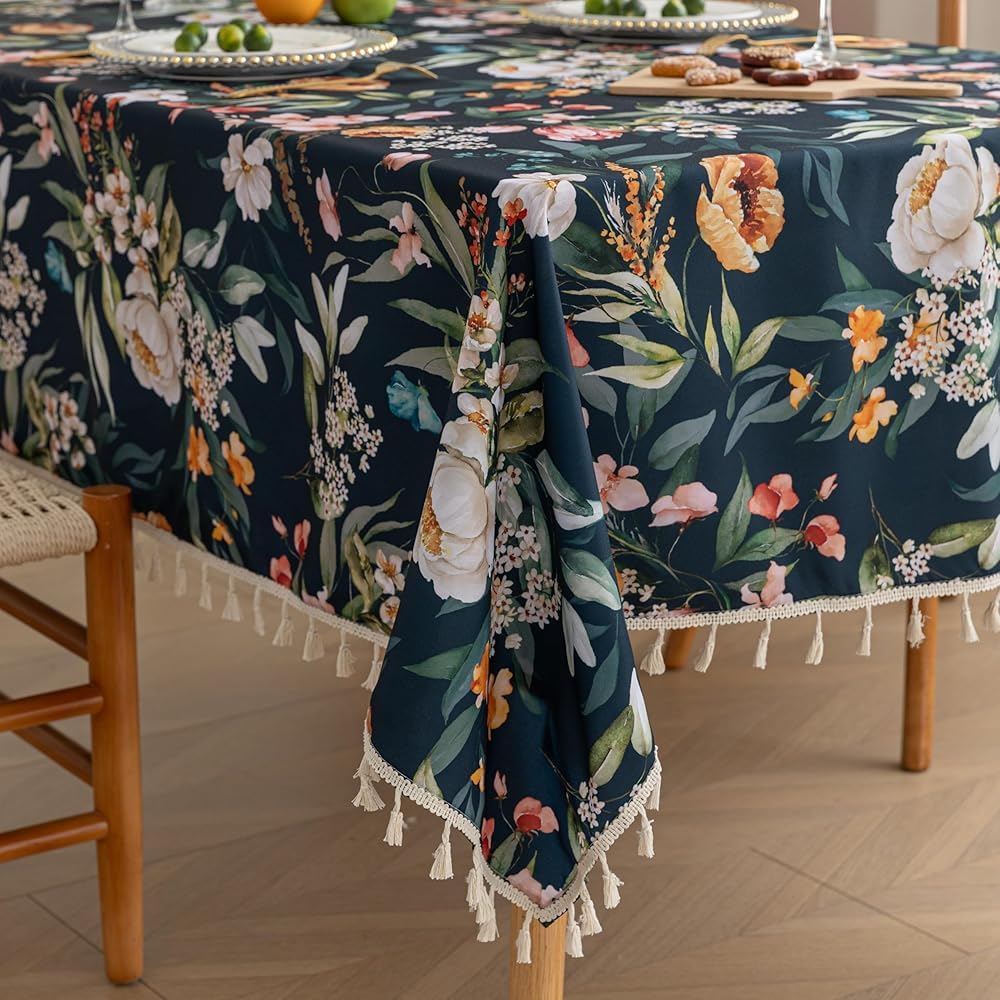 Boho Tablecloth for Square Tables,Fringed Edges with Geometric Pattern Tablecloths,Farmhouse Floral Table Cover Cloth Decorative for Kitchen Dining Room,59"x 59"