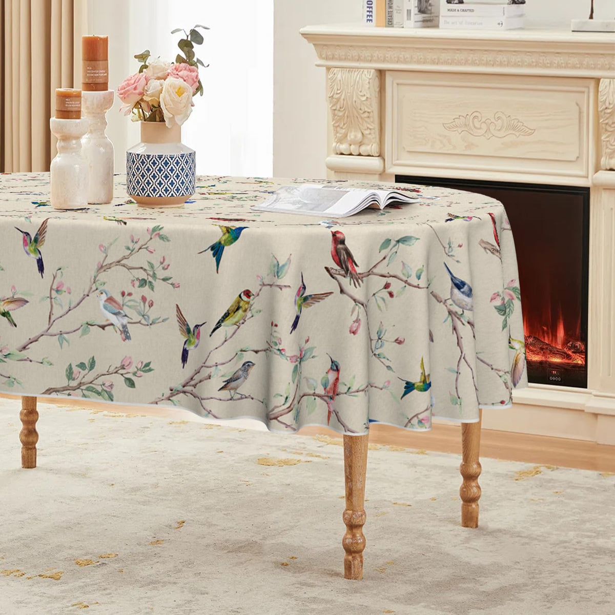Horaldaily Spring Tablecloth 60 x 84 Inch Rectangular Birds Branch Beige