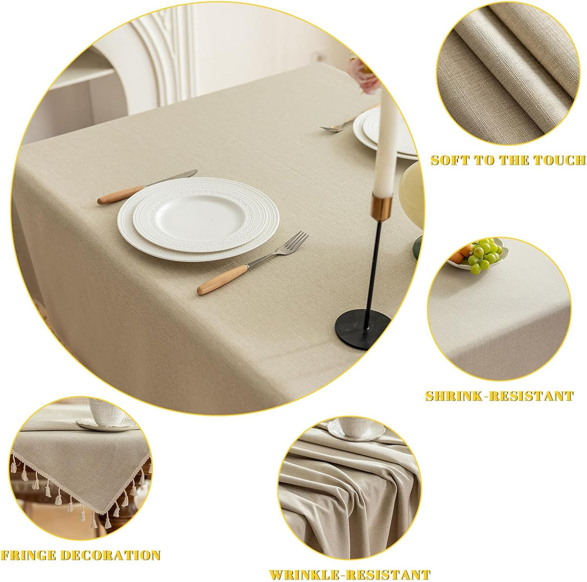 Heavyweight Polyester Square Tablecloth with Tassels, Warm Beige, 55 x 55