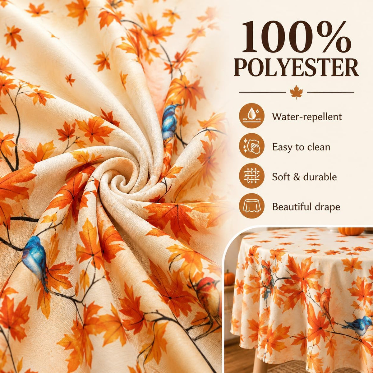 Fall Round Tablecloth 60x60 Inch Autumn Maple Leaves Birds Table Cover Holiday Decorations Seasonal Decor for Home Kitchen Dining Room Picnic Party