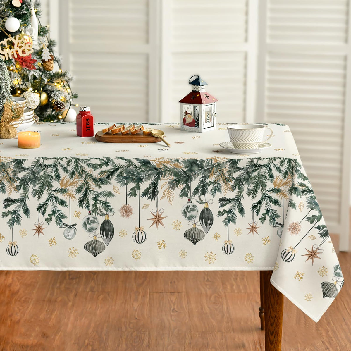Horaldaily Christmas Tablecloth 60×104 Inch Rectangular, Xmas Ornament Snowflake Hanging Pine Branch Table Cover for Kitchen Dining Decor