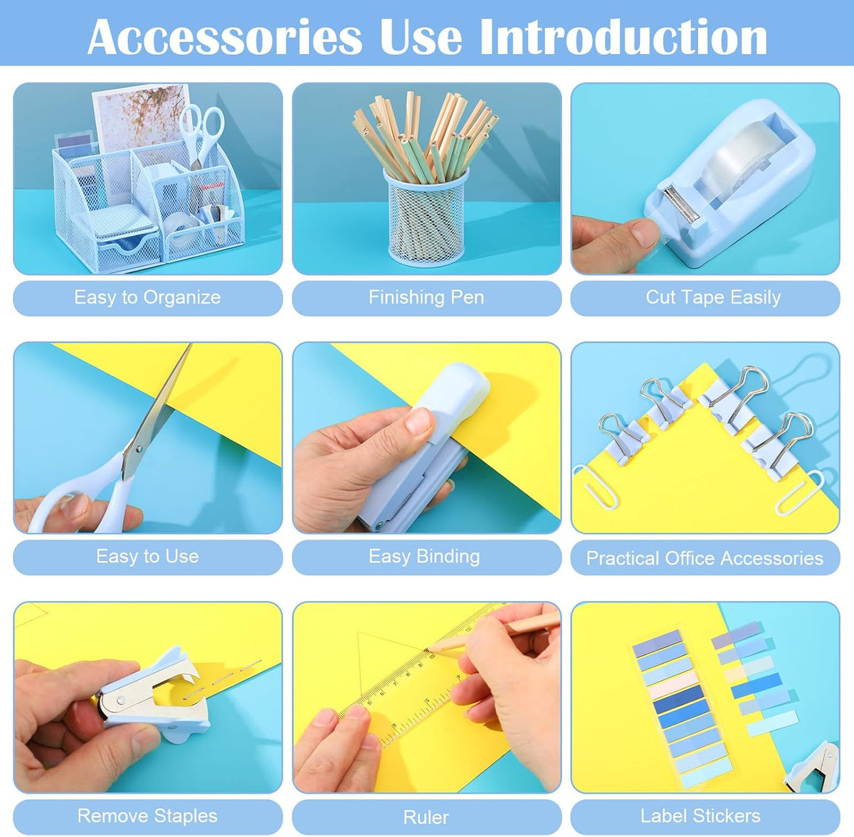 11 In 1 Blue Desk Organizer And Accessories, Light Blue Office Supplies Include Stapler, Tape Dispenser, Pen Holder, Staple Remover, Clips, Ruler, Scissors, Tapes, Tabs