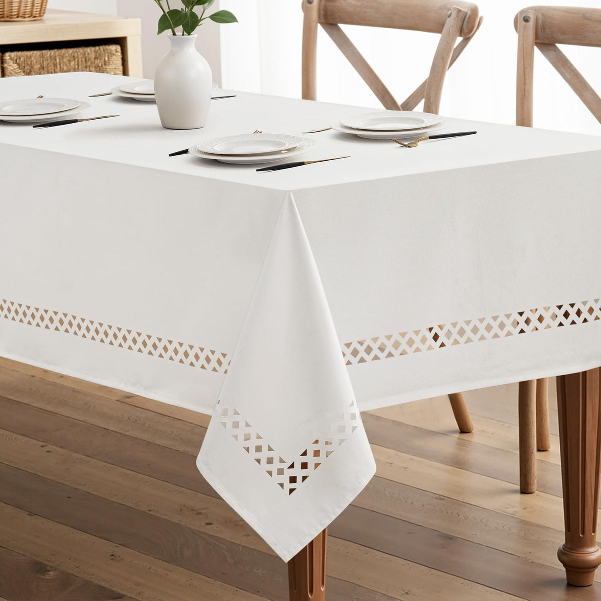 MIULEE Beige 60 Inch Round Linen Tablecloth with Decorative Cutouts