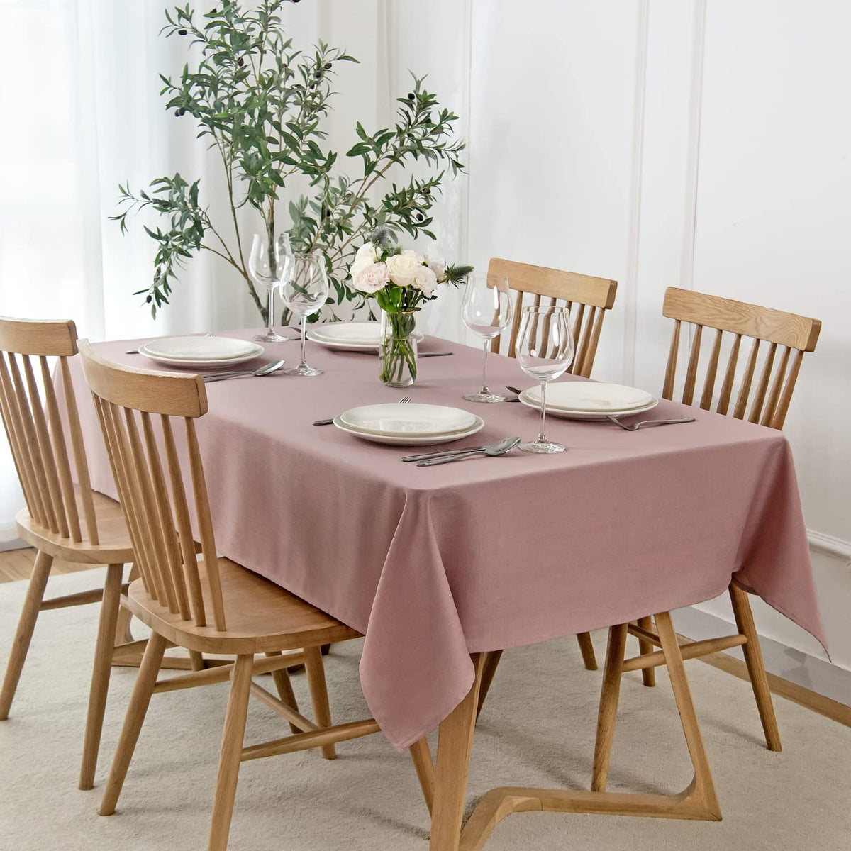 maxmill Rectangle Slubby Textured Tablecloth Waterproof Spillproof Wrinkle Free Table Cloth, Kitchen Dining Tabletop Decoration, Fabric Table Cover for Holiday Dinner Parties, 52 x 70 Inch, Beige