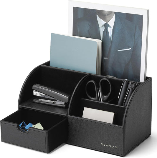 VLANDO Desk Organizer, 6-Compartment Faux Leather Desk Storage with Drawer