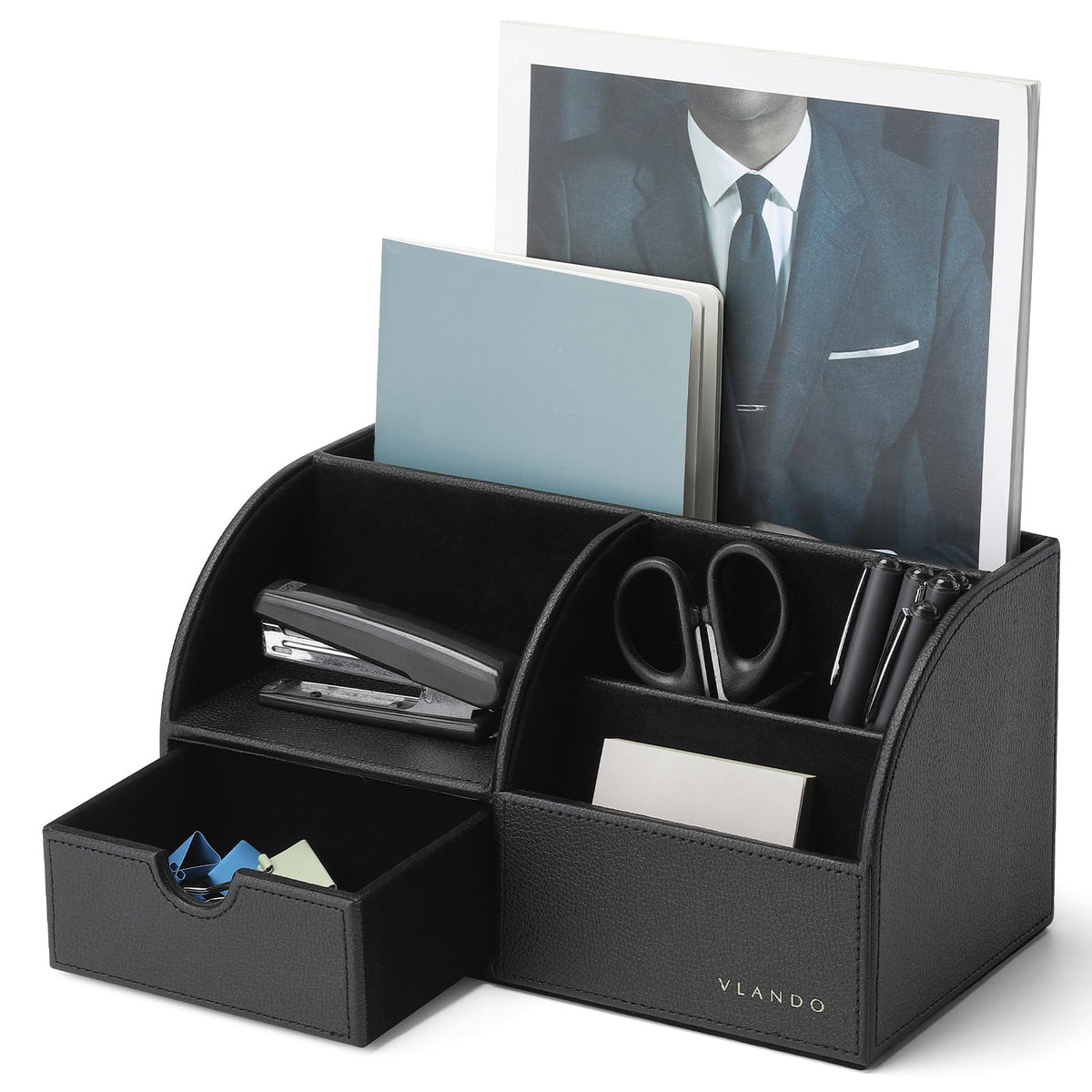 VLANDO Desk Organizer, 6-Compartment Faux Leather Desk Storage with Drawer