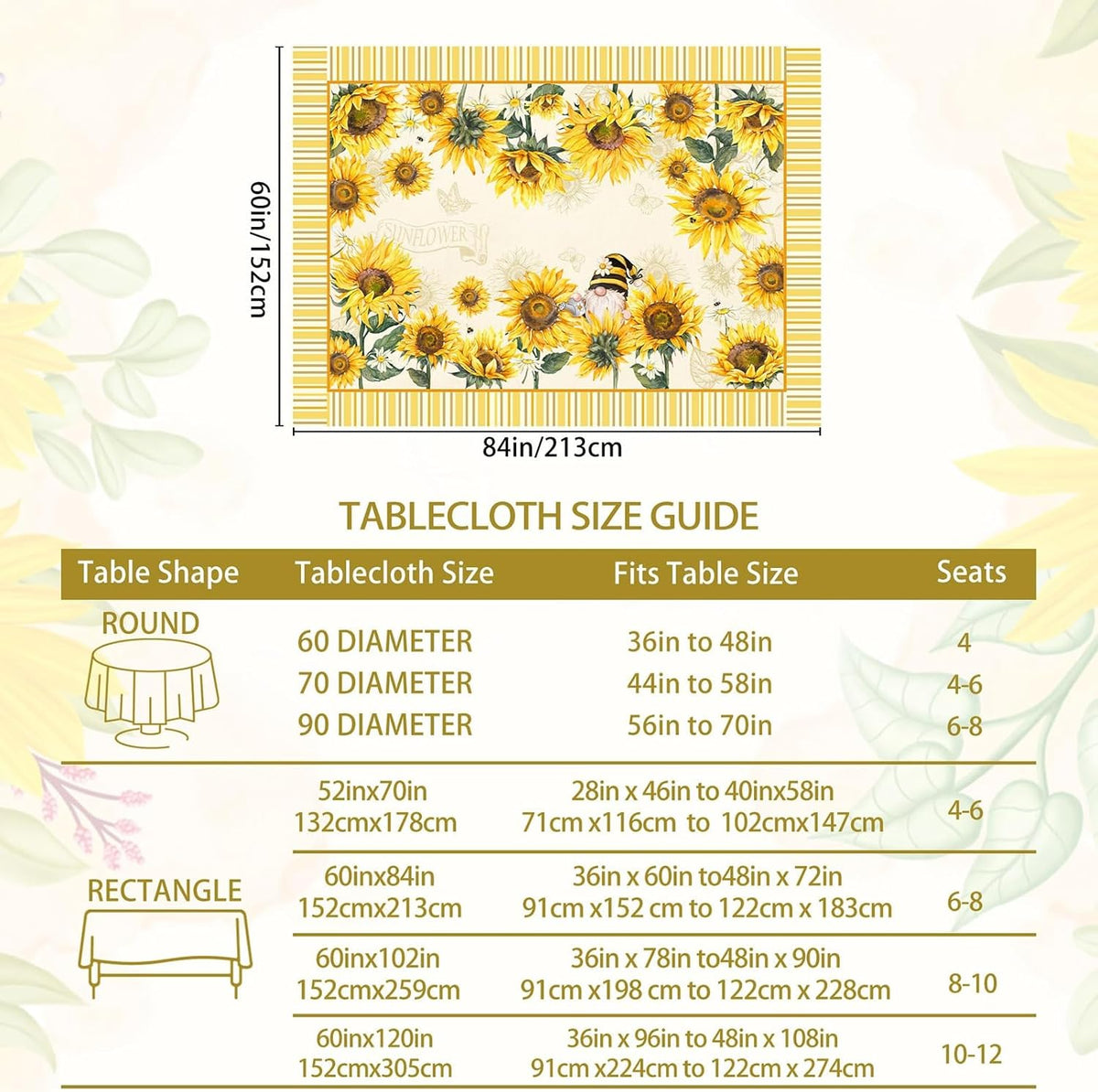 Hexagram Summer Tablecloth 60x84 Inch Rectangle, Sunflower Tablecloths