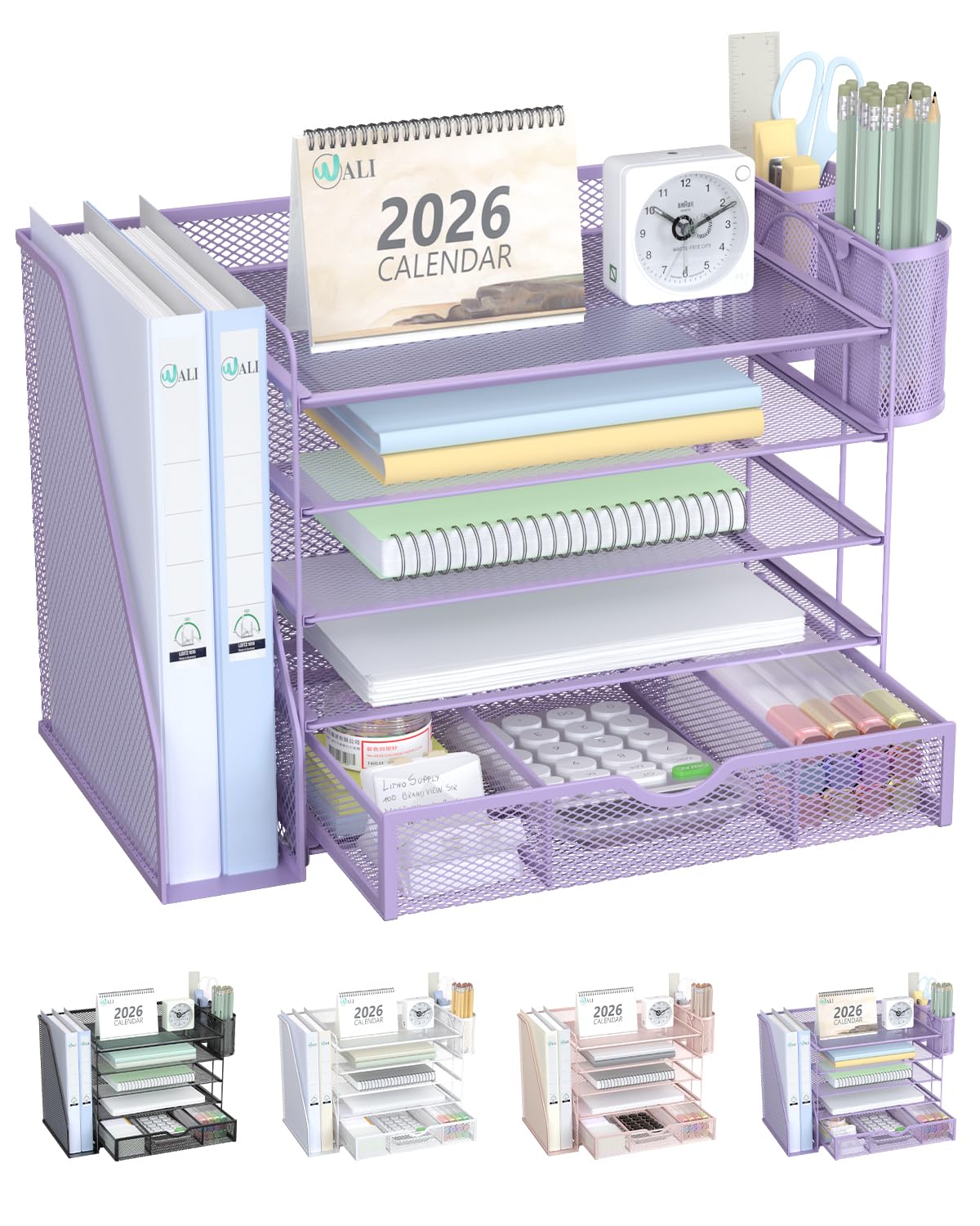WALI Desk File Organizer, 4 Tier Desktop Paper Letter Tray Organizer with Drawer and 2 Pen Holders, Office Desk Accessories & Workspace Organizers for Office, Home Supplies(DO005DH-P), 1 Pack, Pink