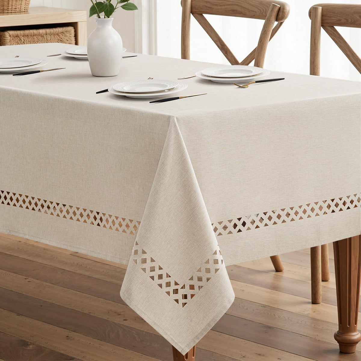 MIULEE Beige 60 Inch Round Linen Tablecloth with Decorative Cutouts