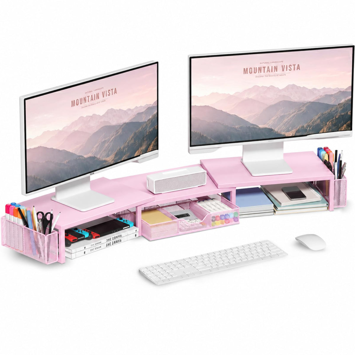 OPNICE Desk Organizers and Accessories, Dual Monitor Stand Riser with Drawer and 2 Pen Holders, Desk Shelf Computer Racks & Printer Stand for Office Workspace Organizers, Desktop Organization (Purple)