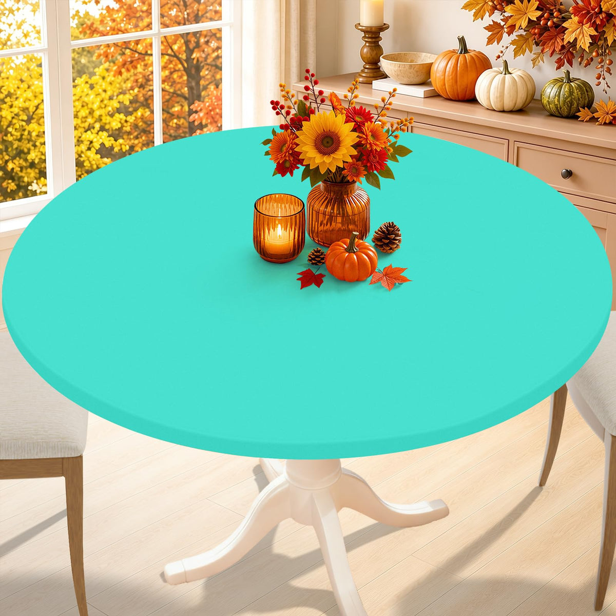 Smiry Thanksgiving Round Spandex Tablecloth, Fitted Cover for 36"-44" Table