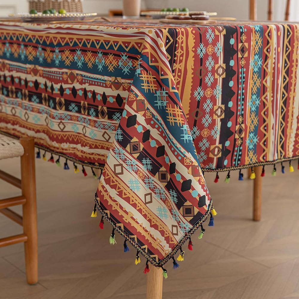 Boho Tablecloth for Square Tables,Fringed Edges with Geometric Pattern Tablecloths,Farmhouse Floral Table Cover Cloth Decorative for Kitchen Dining Room,59"x 59"