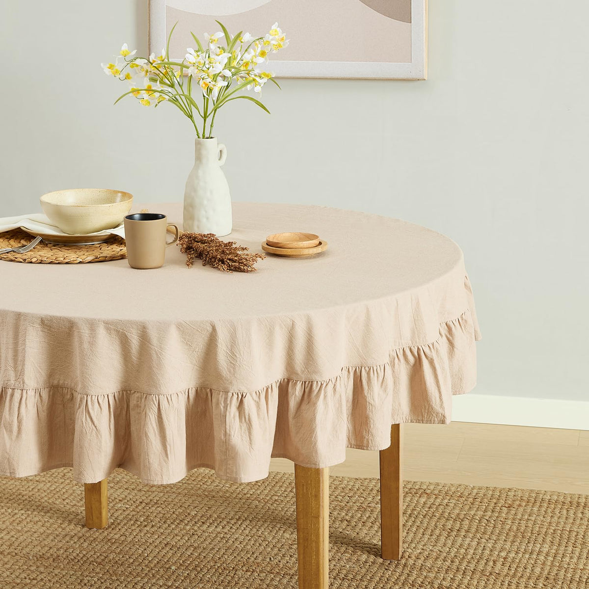 MONDAY MOOSE Ruffle Farmhouse Rustic Rectangle Natural Stonewashed Cotton Tablecloth for Kitchen, Dining Room, Restaurant (60x86 inch, Teal Green)