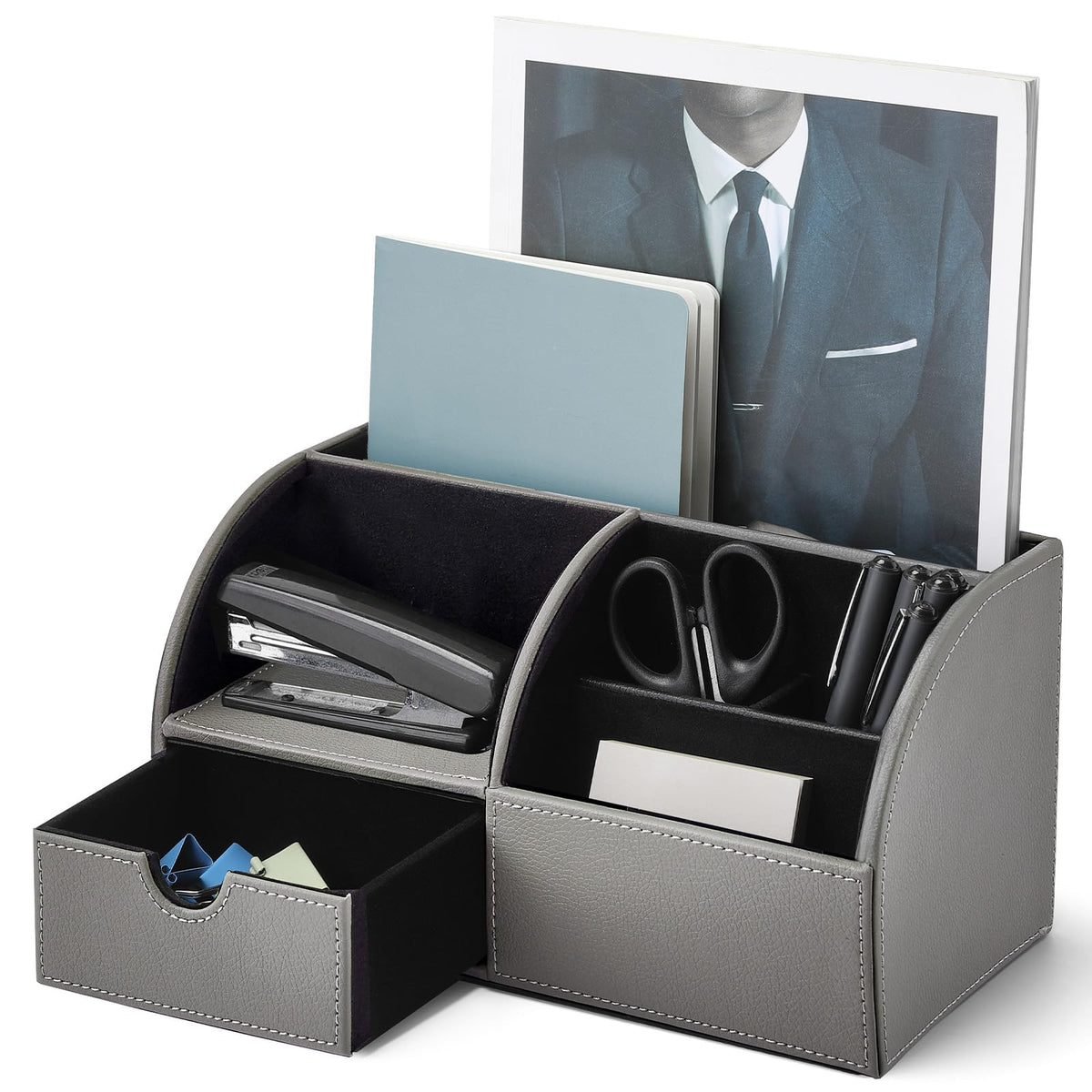 VLANDO Desk Organizer, 6-Compartment Faux Leather Desk Storage with Drawer