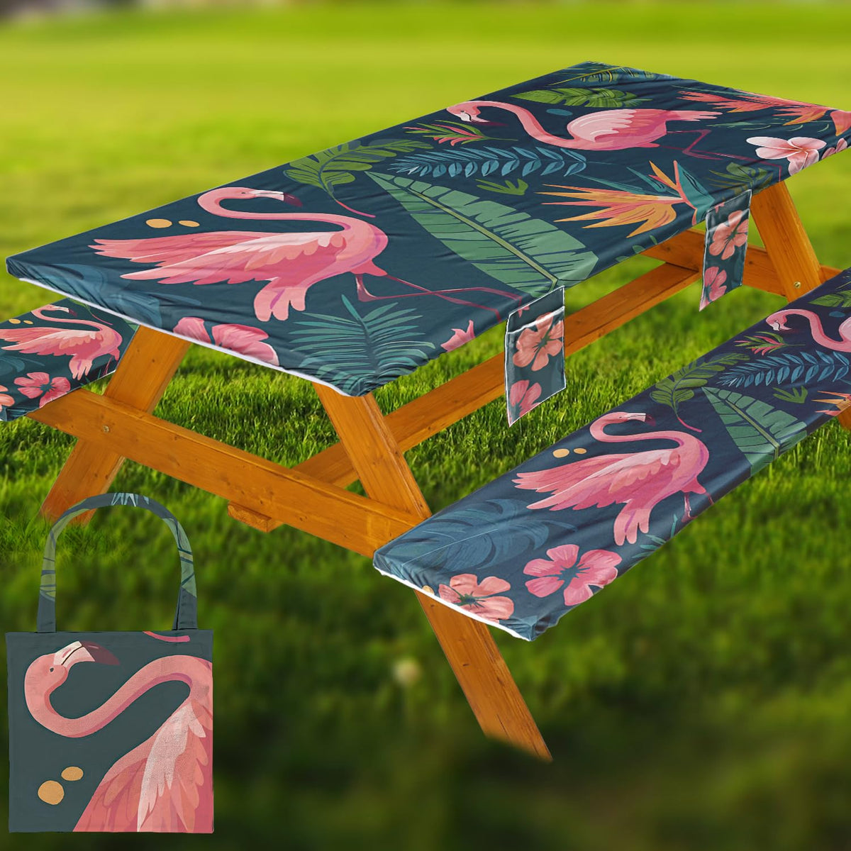 Fitted Picnic Table Cover with Bench Covers Vinyl Waterproof Elastic Edges Fitted Rectangle Tables Patio Tablecloth Camping Gear and Essentials Rv Accessories Road Trip Supplies Car Travel Must Haves