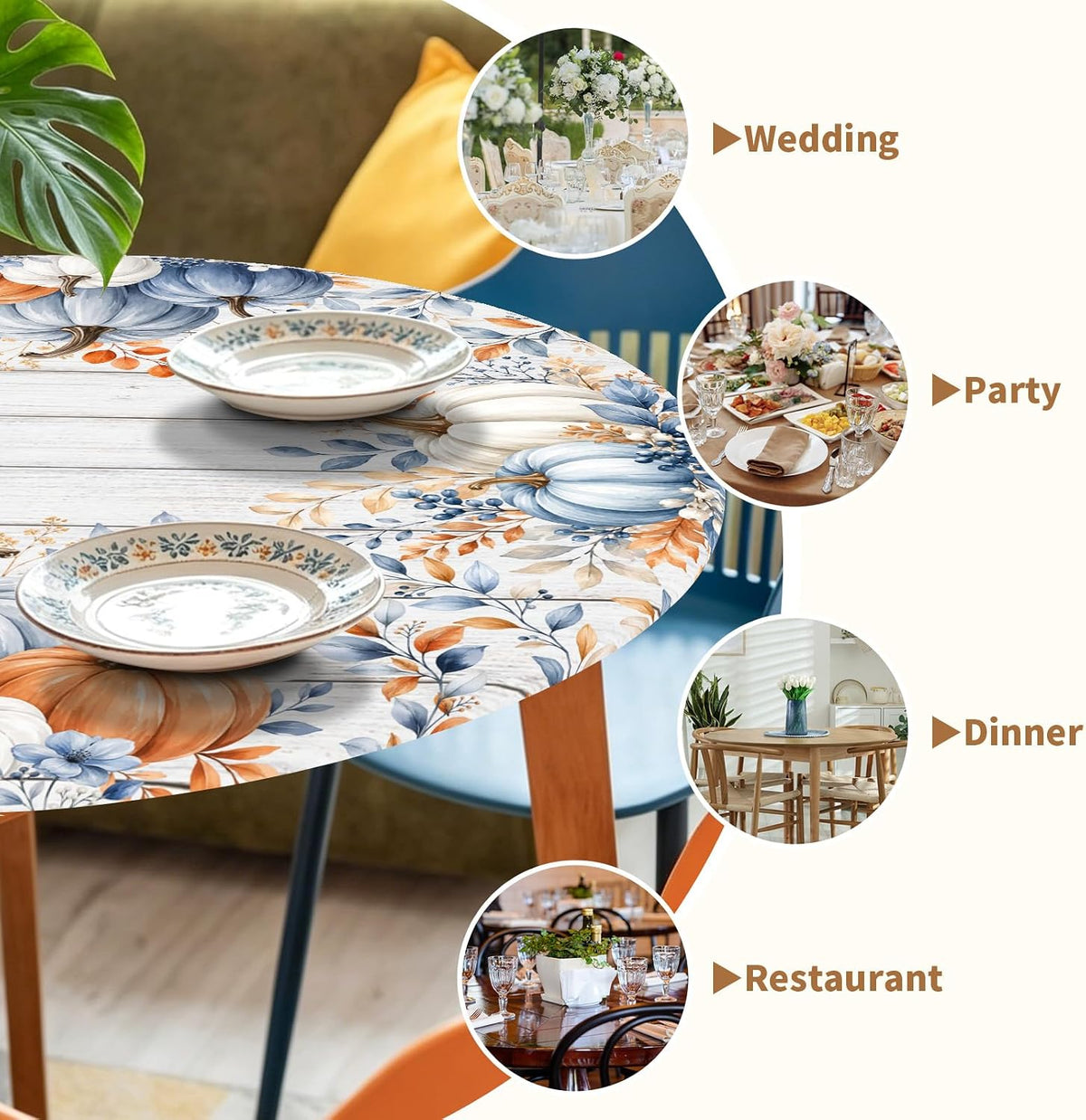 Fall Round Fitted Tablecloth with Elastic Edge Orange Blue White Thanksgiving Pumpkin Table Cover 40-44 Inch Autumn Leaf Washable Table Cloth for Kitchen Dining Room Party Decor