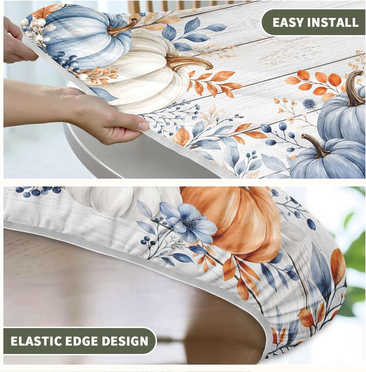 Fall Round Fitted Tablecloth with Elastic Edge Orange Blue White Thanksgiving Pumpkin Table Cover 40-44 Inch Autumn Leaf Washable Table Cloth for Kitchen Dining Room Party Decor