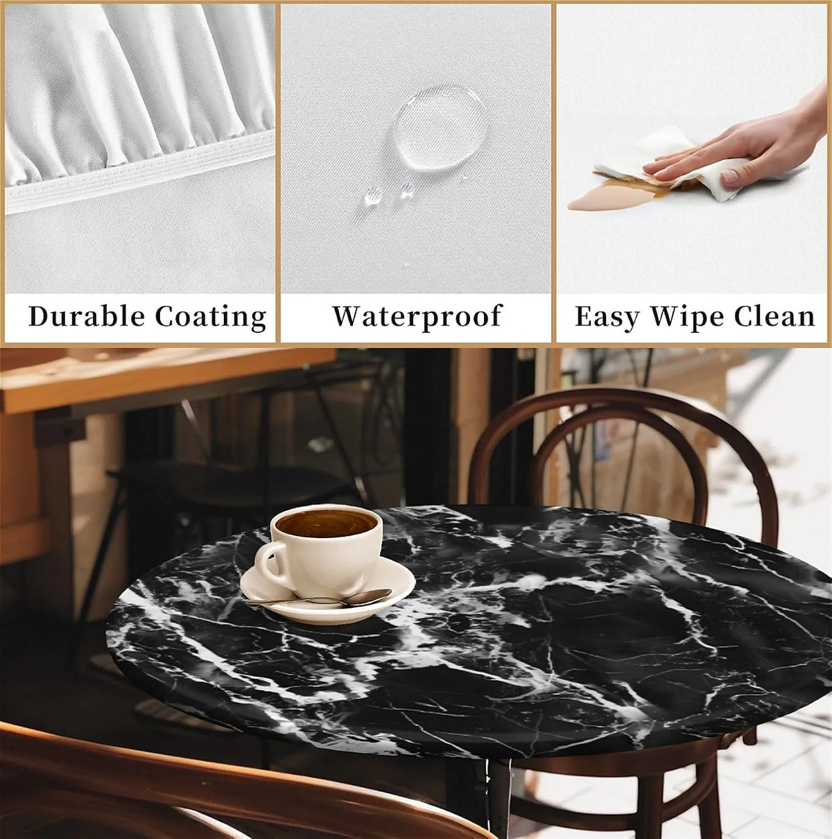 Round Fitted Tablecloth with Elastic Edge, Waterproof Stain Resistant Fabric Table Cover for 45"-48" Round Table, Indoor Outdoor Dining, Kitchen Decor, Camping, Party, Holiday, Black White Marble