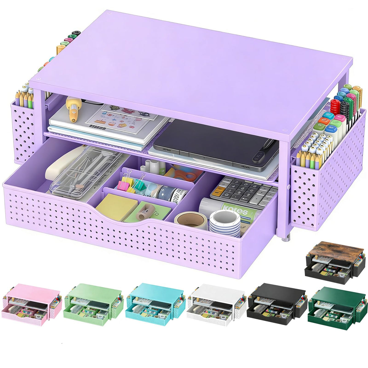 Spacrea Computer Monitor Stand with Drawer and 2 Pen Holders, Pink