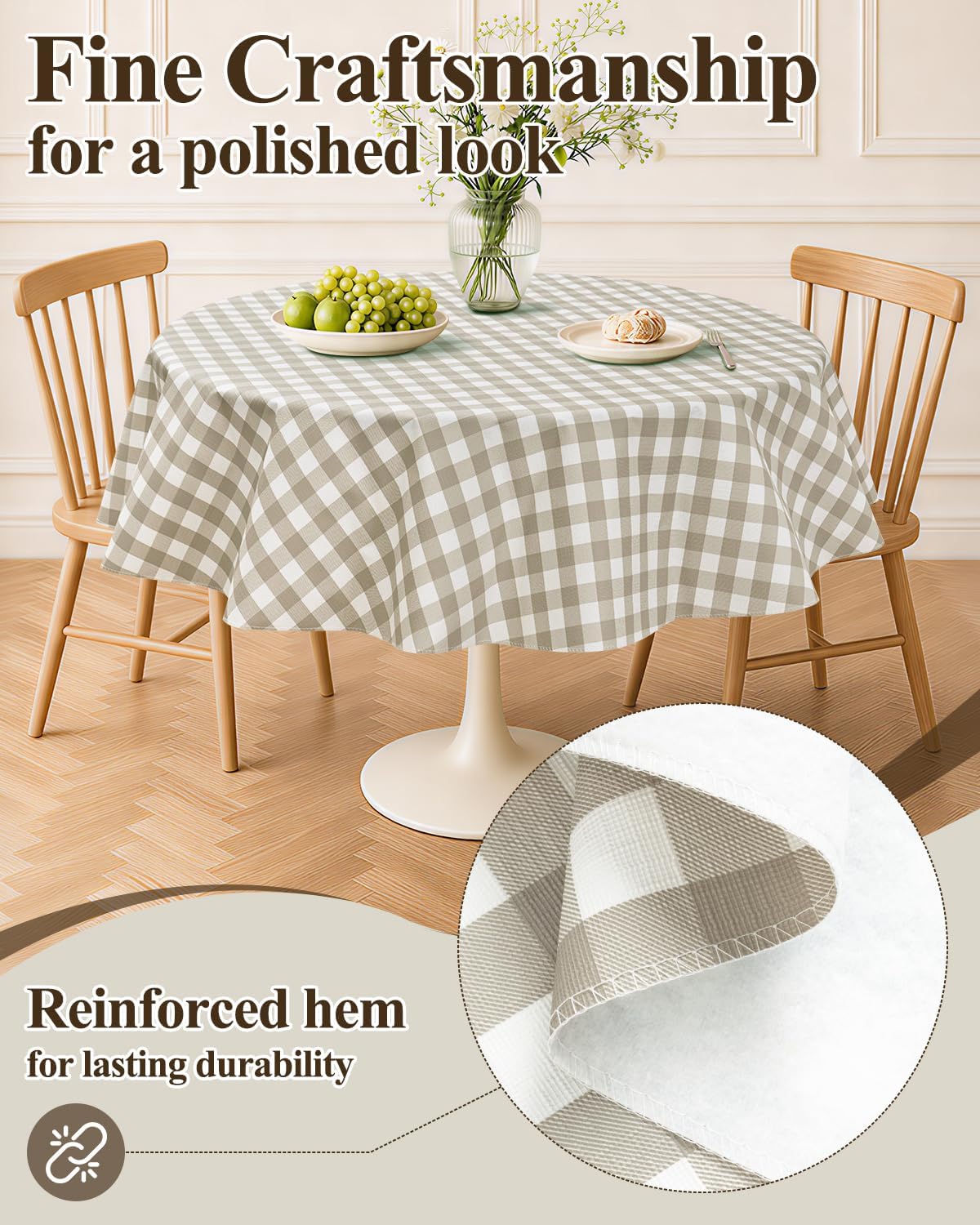 Seenus Khaki Gingham Cottage Vinyl Round Tablecloth with Flannel Backing, Waterproof Checkered Table Cloth Wipeable for Farmhouse Kitchen Patio Garden, 60 Inch Circular (Fits 30-48" Tables)