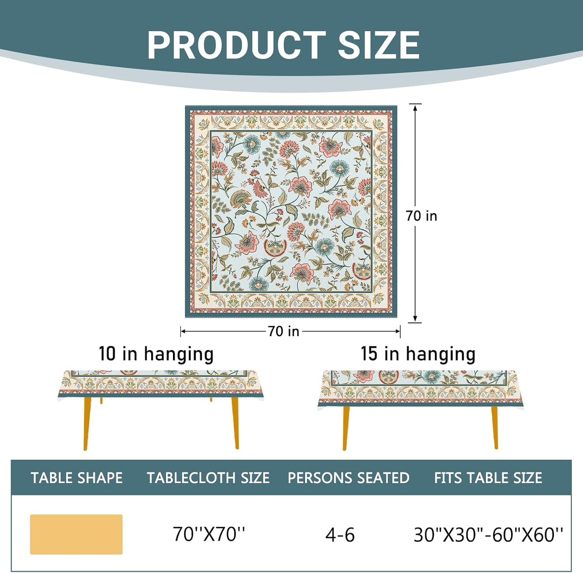 Boho Flower Bird Square Tablecloth 70 x 70 Inches