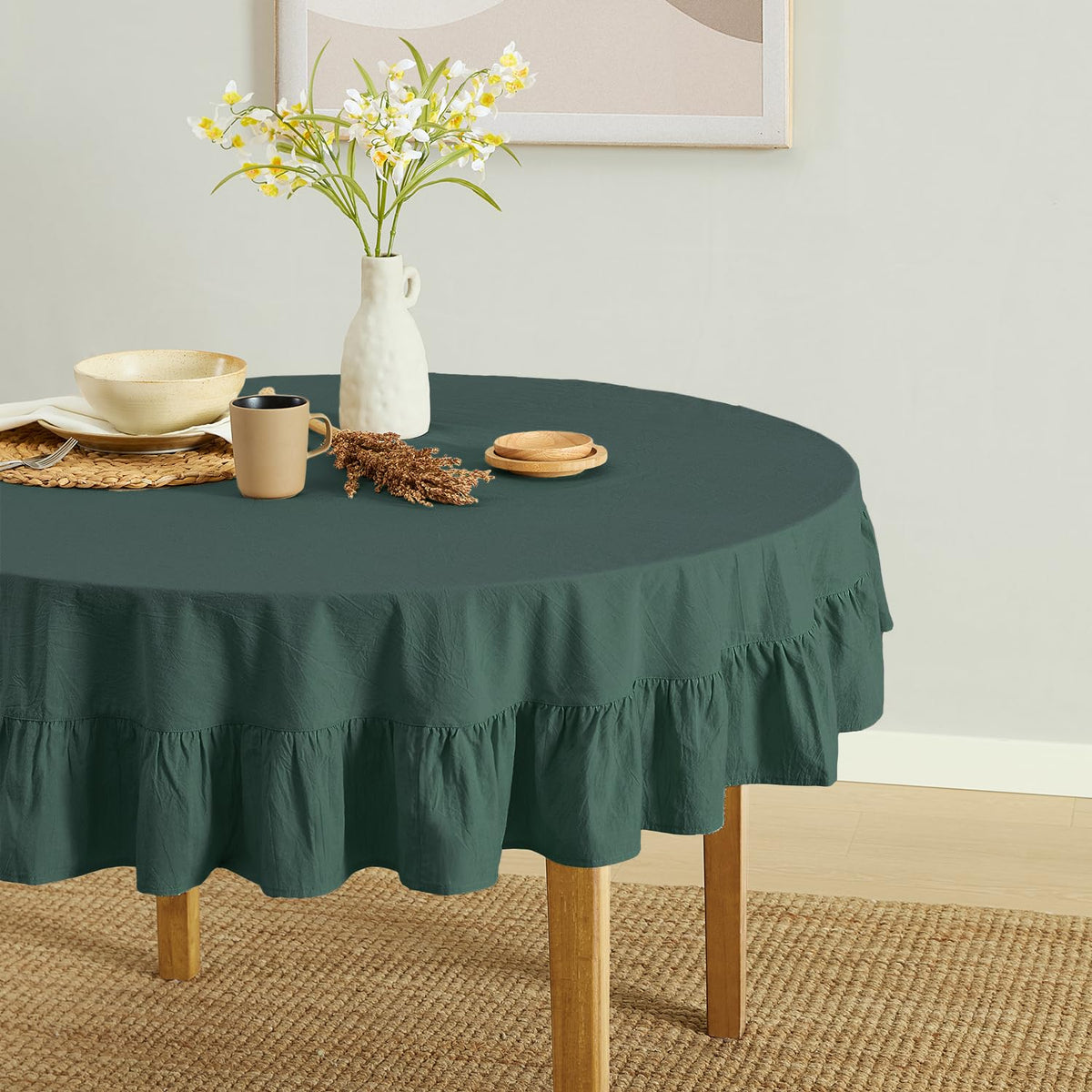 MONDAY MOOSE Ruffle Farmhouse Rustic Rectangle Natural Stonewashed Cotton Tablecloth for Kitchen, Dining Room, Restaurant (60x86 inch, Teal Green)
