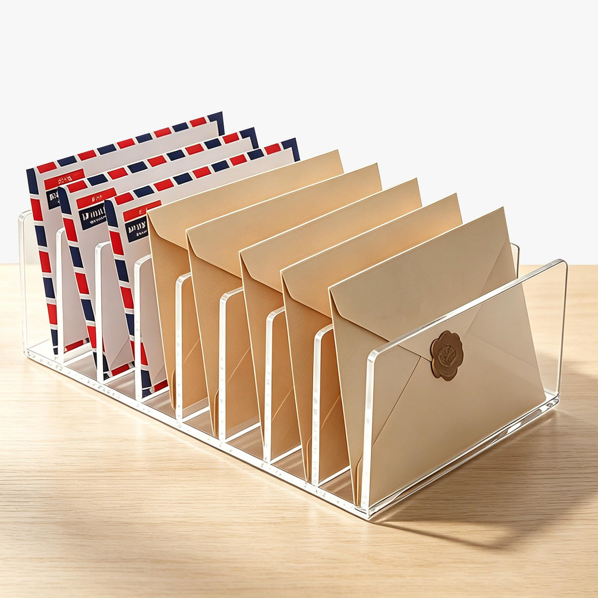 3 Compartments Clear Acrylic Mail Holder – Vertical Letter Sorter & Multifunction Desk Organizer for Bills, Documents, Notebooks – Modern Office/Home Envelope File Rack