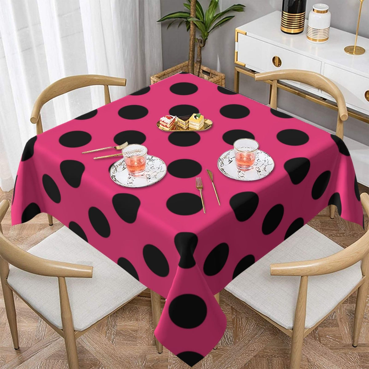 Square Tablecloth Black Polka Dots on Red Table Cover Washable Table Cloths for Kitchen Dinning Party Tabletop Modern Decoration 60 x 60inch