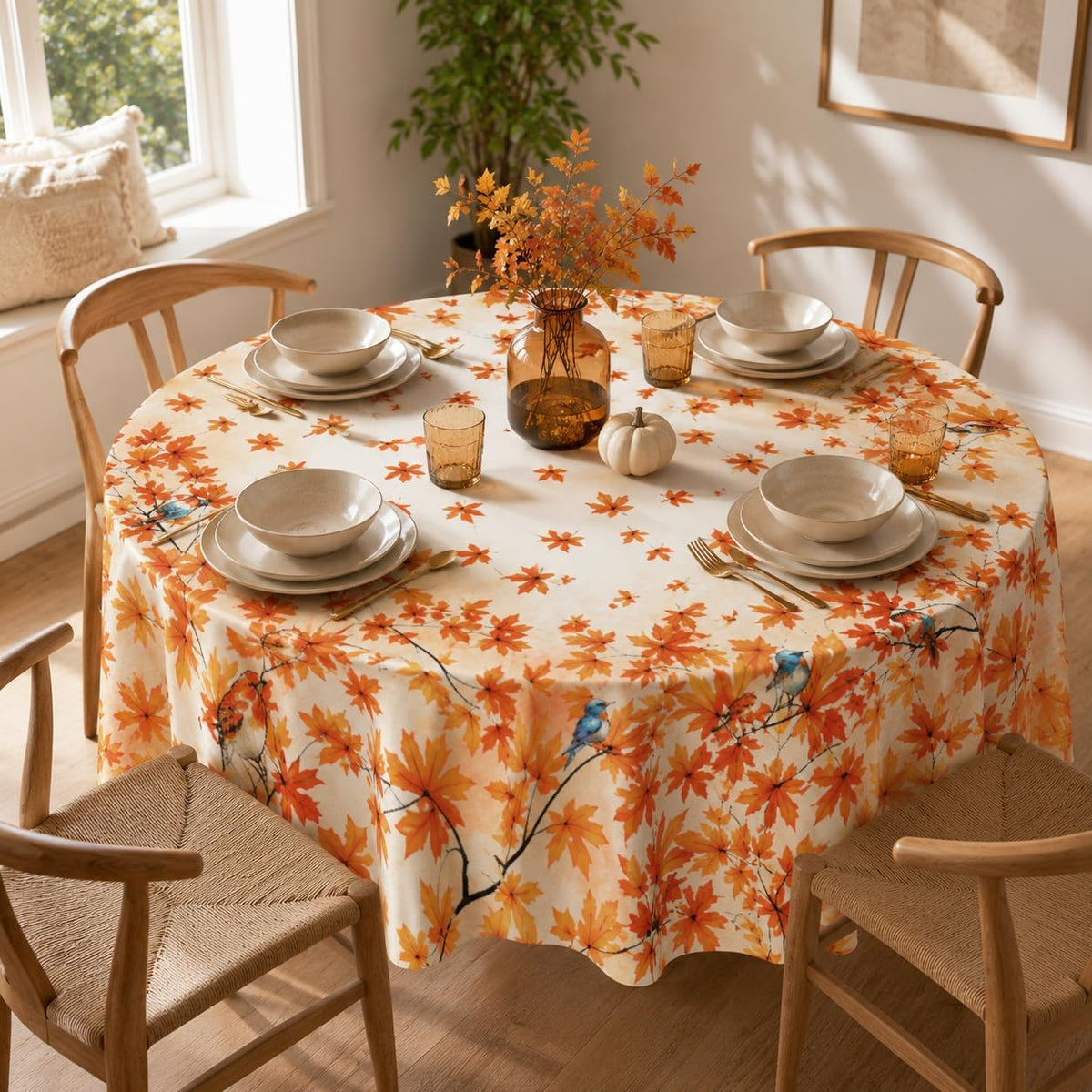 Fall Round Tablecloth 60x60 Inch Autumn Maple Leaves Birds Table Cover Holiday Decorations Seasonal Decor for Home Kitchen Dining Room Picnic Party
