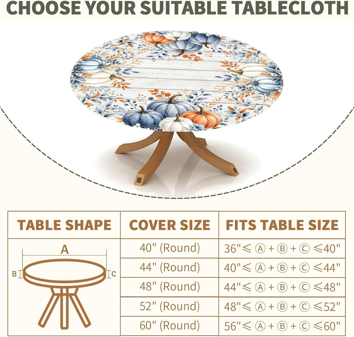 Fall Round Fitted Tablecloth with Elastic Edge Orange Blue White Thanksgiving Pumpkin Table Cover 40-44 Inch Autumn Leaf Washable Table Cloth for Kitchen Dining Room Party Decor