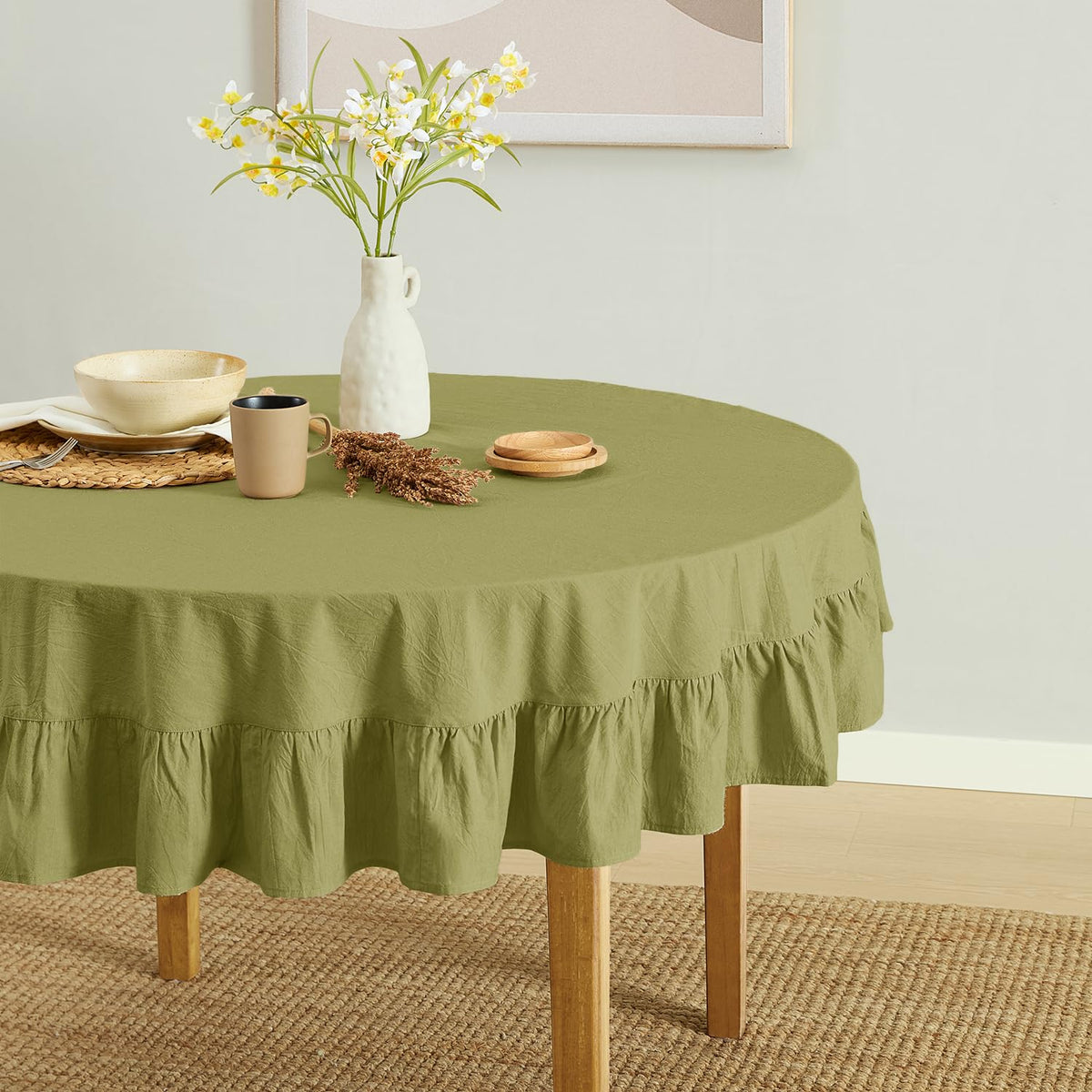 MONDAY MOOSE Ruffle Farmhouse Rustic Rectangle Natural Stonewashed Cotton Tablecloth for Kitchen, Dining Room, Restaurant (60x86 inch, Teal Green)