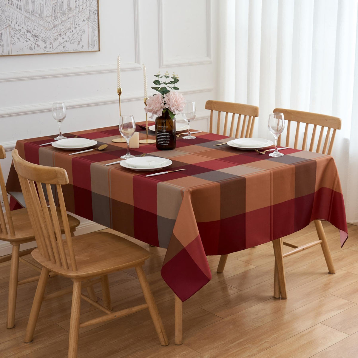 Round Tablecloth 70 Inches Red Brown Buffalo Plaid Winter Table Cloth - Polyester Checkered Gingham Christmas Table Cover Reusable Water Resistant for Fall Thanksgiving Holiday Party Kitchen Dinning