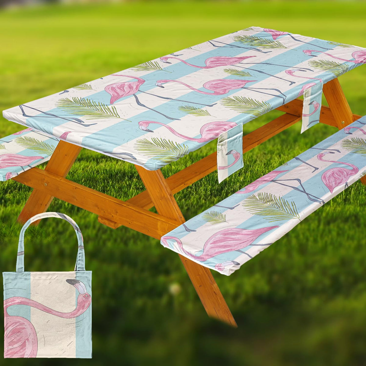 Fitted Picnic Table Cover with Bench Covers Vinyl Waterproof Elastic Edges Fitted Rectangle Tables Patio Tablecloth Camping Gear and Essentials Rv Accessories Road Trip Supplies Car Travel Must Haves