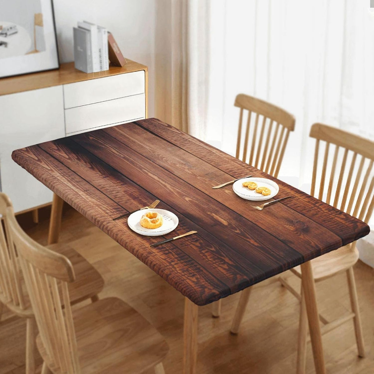 Tablecloth with Elastic Edge Black Brow Wood Grain Board Rectangle Waterproof Oil-Proof Table Cloth Washable Reusable Table Cover for Kitchen Dining, 5FT