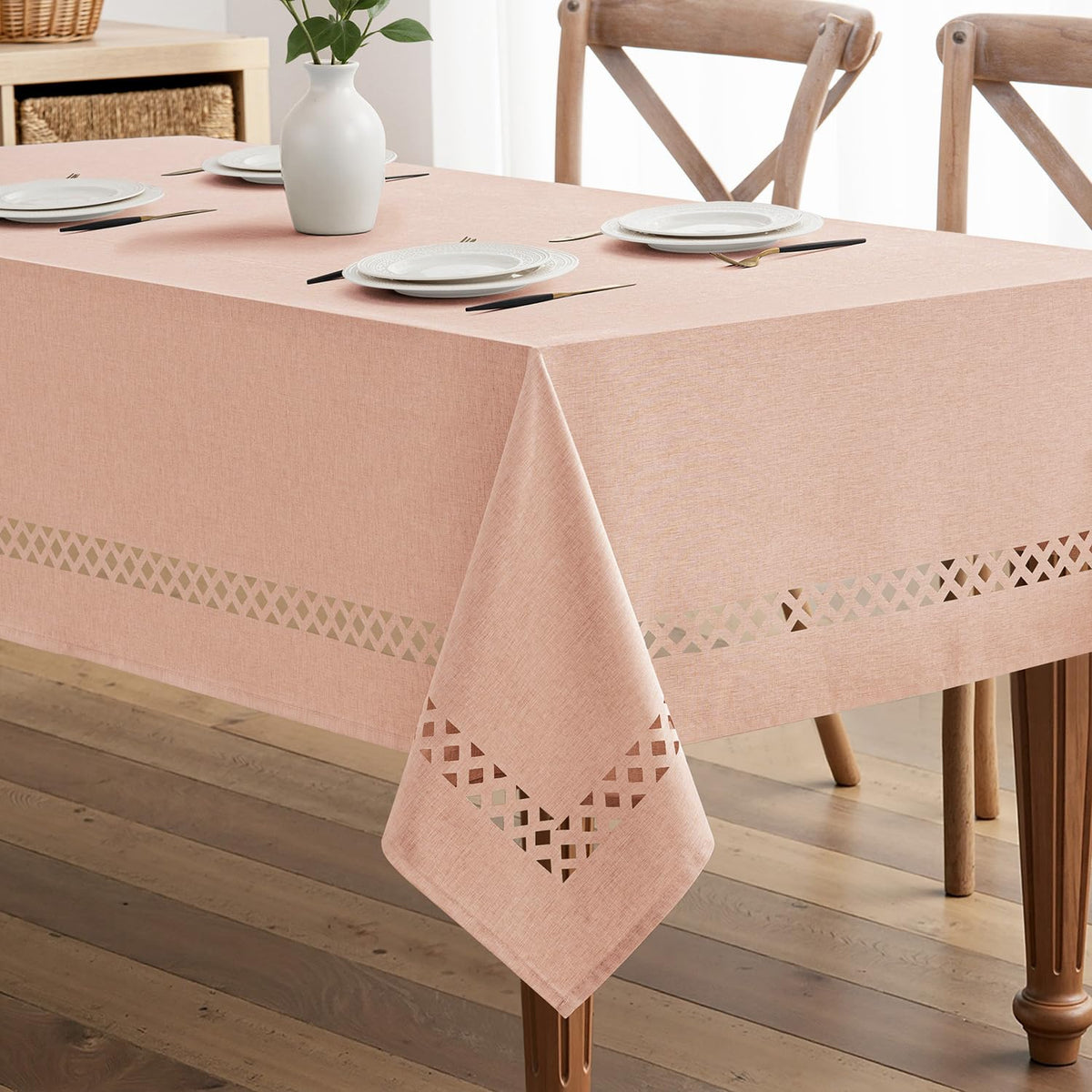 MIULEE Beige 60 Inch Round Linen Tablecloth with Decorative Cutouts