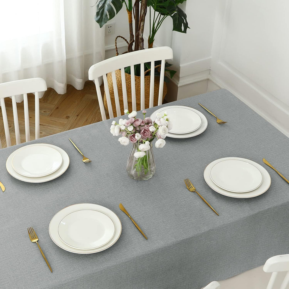 Romanstile Waterproof Vinyl Tablecloth Rectangle, 54 x 78 Inch, Light Grey