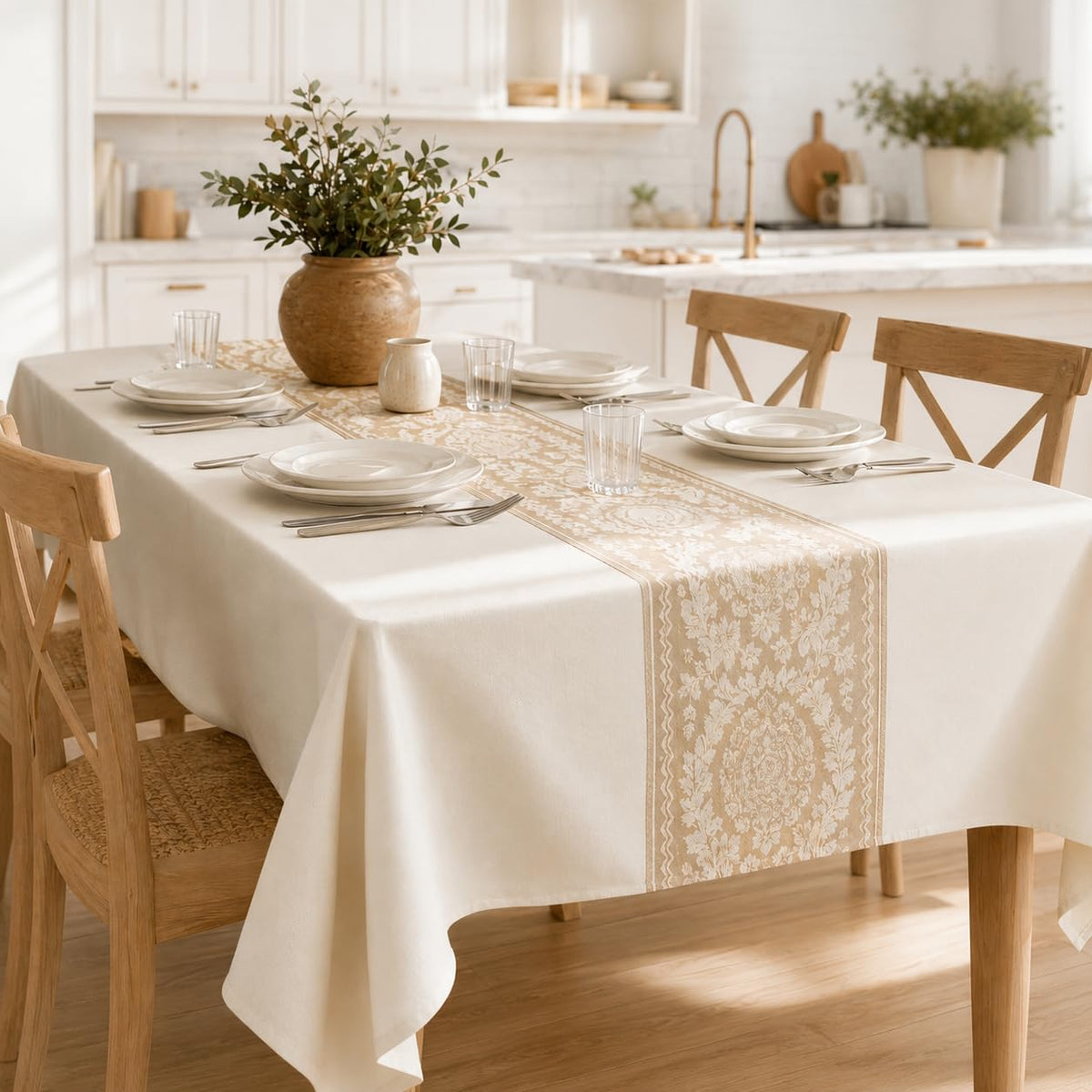 Nordic Beige Rectangular Tablecloth, Premium Drape