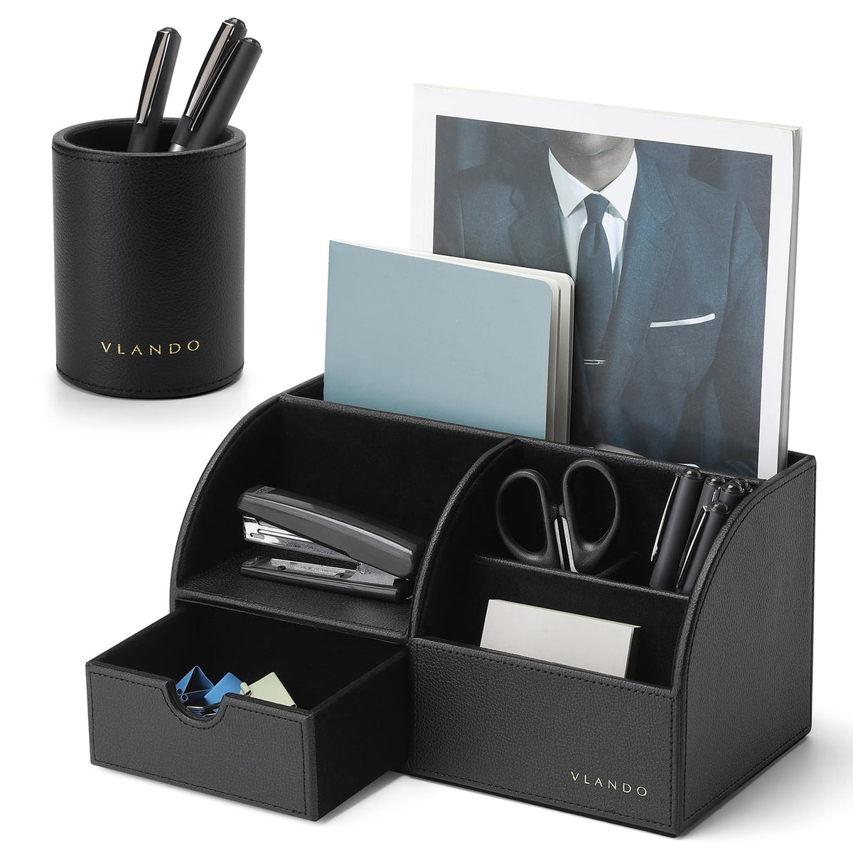 VLANDO Desk Organizer, 6-Compartment Faux Leather Desk Storage with Drawer